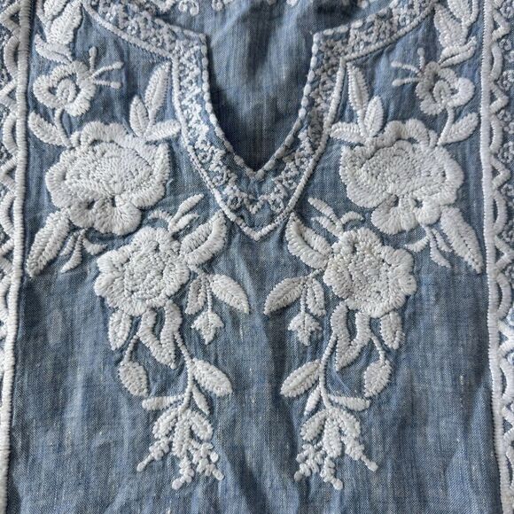 Kyla Seo Shirt Womens S Blue Linen Chambray Floral Embroidered Beach Coastal - Picture 6 of 11